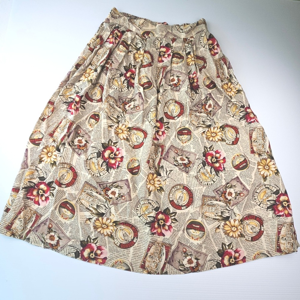 1990s Kathie Lee Plus Newspaper Pansy Print Midi Skirt 18W Vintage Floral